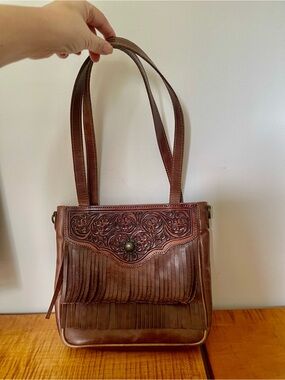 Handcrafted Brown Tooled Leather Fringe Shoulder Bag